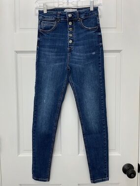 Stradivarius Super High Waist Dark Blue Button-Fly Denim Jeans - Size 6